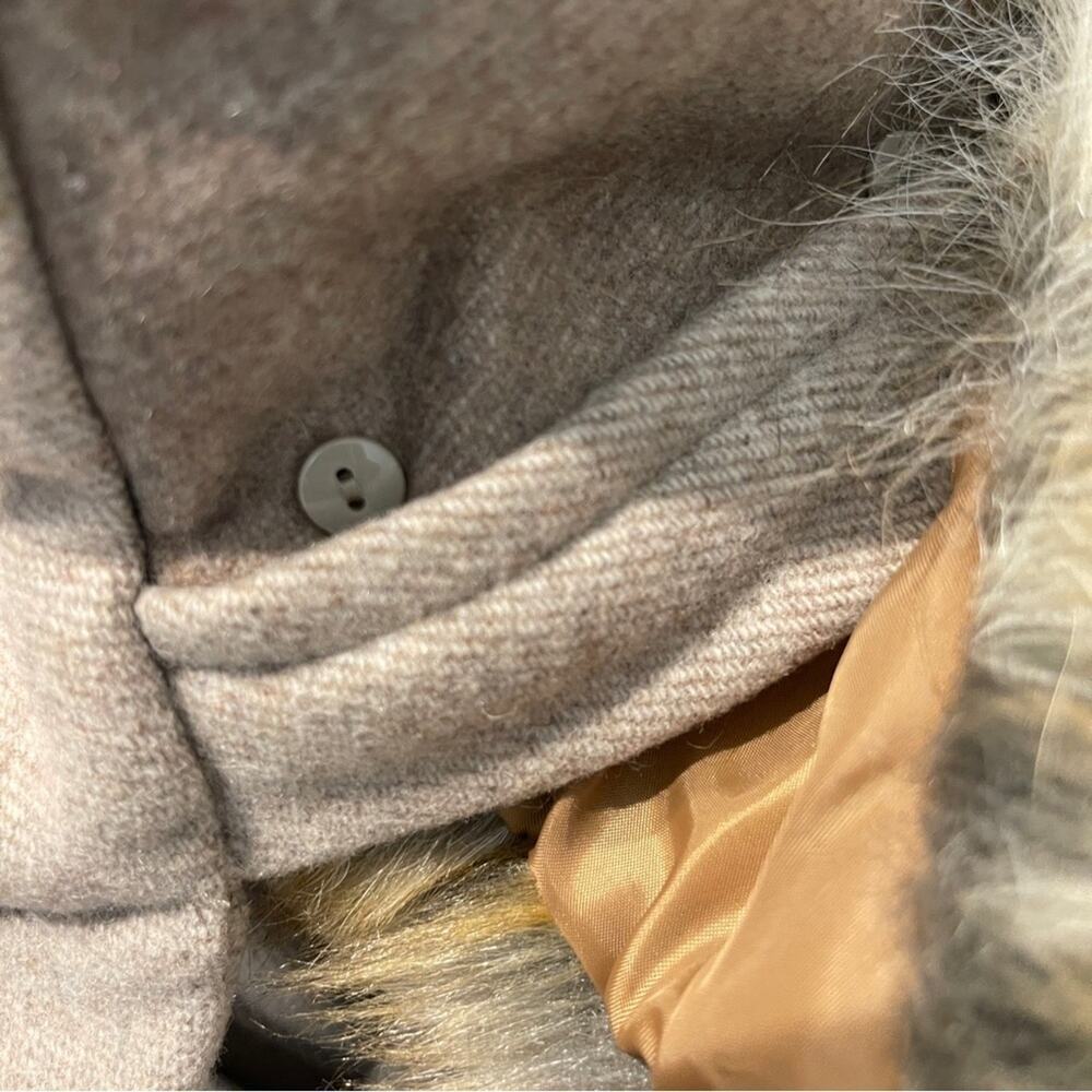 Calvin Klein NWT Tan Herringbone Wool Coat Faux Fur Hood Size L - Picture 8 of 11